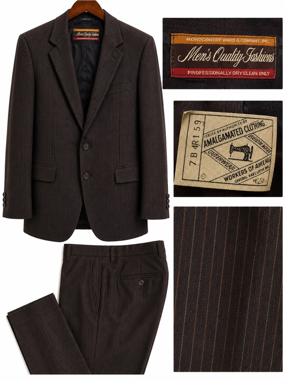Vintage Montgomery Ward Brown Pinstripe Suit 38R  Union Made